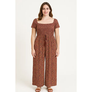 Xhilaration Rust Floral Off Shoulder Jumpsuit Smocked Boho Wide Leg Pockets L